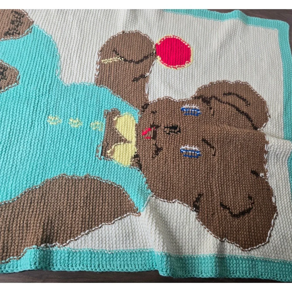 Handmade Crochet Baby‎ Blanket Teddy Bear Aqua Yellow Bow Lollipop Vtg Design